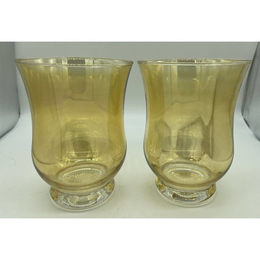 Set Of 2 Polish Hand Painted Hurricane Style Candle Holders‎ Iridescent Amber